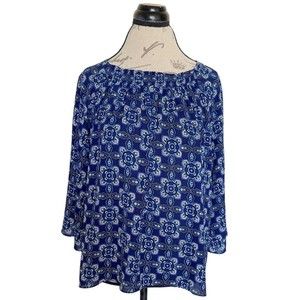 Dana Buchman Womens Print Blouse Blue Sz Medium Elasticized Neckline 3/4 Sleeves